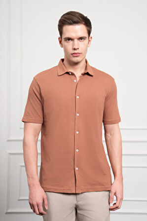  Erkek Kiremit Trend Apaçi Yaka Dynamic Fit Kısa Kollu Gömlek
