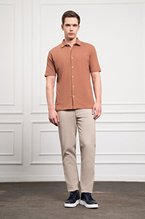  Erkek Kiremit Trend Apaçi Yaka Dynamic Fit Kısa Kollu Gömlek