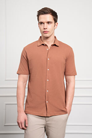  Erkek Kiremit Trend Apaçi Yaka Dynamic Fit Kısa Kollu Gömlek
