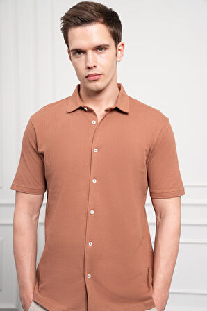  Erkek Kiremit Trend Apaçi Yaka Dynamic Fit Kısa Kollu Gömlek