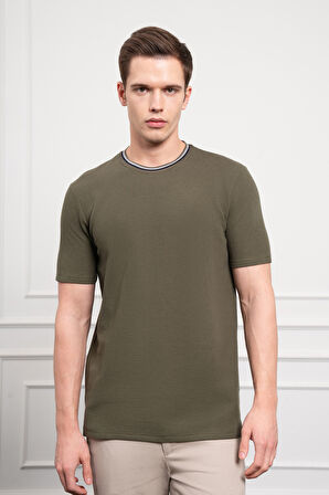  Erkek Haki Trend Bisiklet Yaka Dinamik Fit T-Shirt