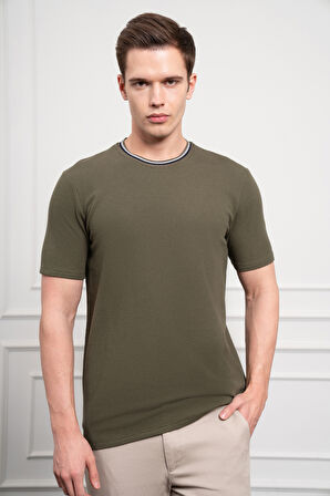 Erkek Haki Trend Bisiklet Yaka Dinamik Fit T-Shirt