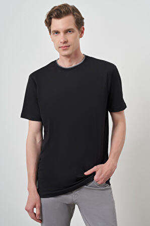  Erkek Siyah Trend Bisiklet Yaka T-Shirt