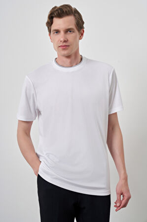  Erkek Beyaz Trend Bisiklet Yaka T-Shirt