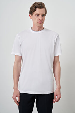  Erkek Beyaz Trend Bisiklet Yaka T-Shirt