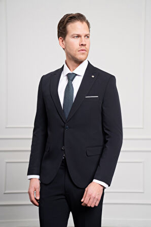  Erkek Lacivert Basic Slim Fit Sivri Yaka Takım Elbise