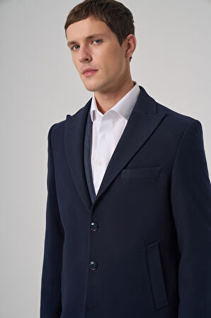  Erkek Lacivert Düz Sivri Yaka Dynamic Fit Kaban