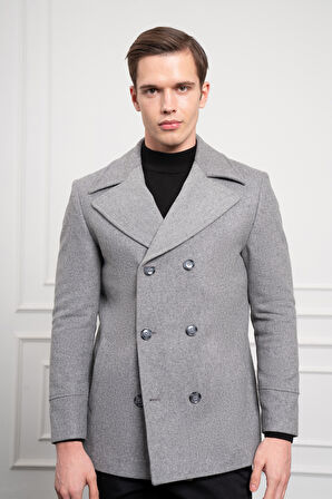  Erkek Gri Yünlü Kruvaze Dynamic Fit Sivri Yaka Kaban