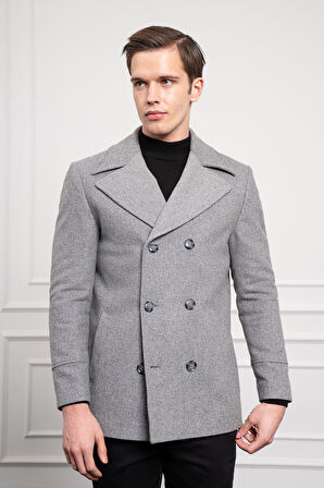  Erkek Gri Yünlü Kruvaze Dynamic Fit Sivri Yaka Kaban