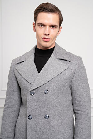  Erkek Gri Yünlü Kruvaze Dynamic Fit Sivri Yaka Kaban