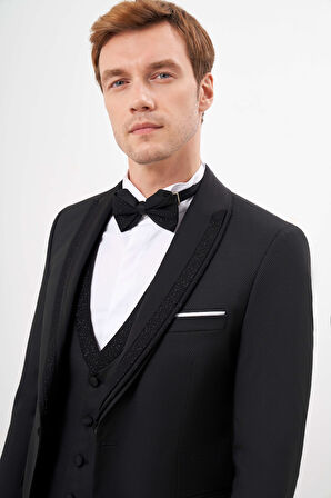  Erkek Siyah Poliviskon Ceromonia Jakar Desen Slim Fit Şal Çıkma Yaka Damatlık