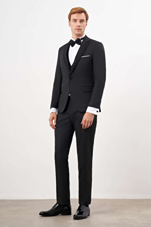  Erkek Siyah Poliviskon Ceromonia Jakar Desen Slim Fit Şal Çıkma Yaka Damatlık