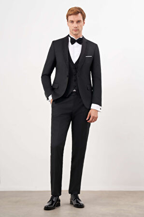  Erkek Siyah Poliviskon Ceromonia Jakar Desen Slim Fit Şal Çıkma Yaka Damatlık