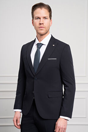  Erkek Lacivert Basic Slim Fit Sivri Yaka Takım Elbise