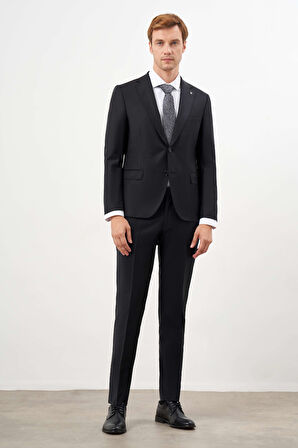  Erkek Siyah Yünlü Platinium Düz Desen Slim Fit Mono Yaka Takım Elbise