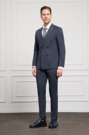  Erkek Lacivert Trend Slim Fit Sivri Yaka Kruvaze Takım Elbise