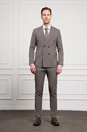  Erkek KAHVE Trend Slim Fit Sivri Yaka Kruvaze Takım Elbise