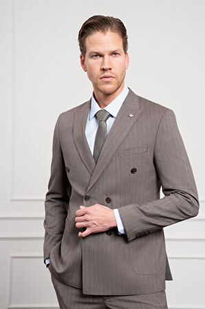  Erkek KAHVE Trend Slim Fit Sivri Yaka Kruvaze Takım Elbise