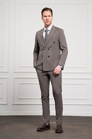  Erkek KAHVE Trend Slim Fit Sivri Yaka Kruvaze Takım Elbise
