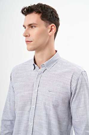  Erkek Gri Pamuk Çizgili-Panolu İtalyan Yaka Slim Fit Gömlek