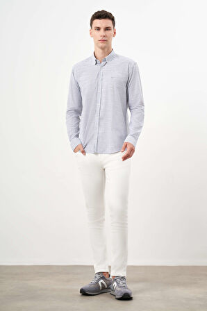  Erkek Gri Pamuk Çizgili-Panolu İtalyan Yaka Slim Fit Gömlek