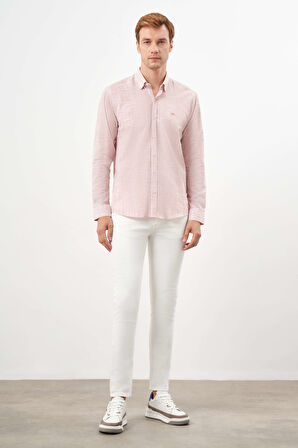  Erkek Turuncu Pamuk Çizgili-Panolu İtalyan Yaka Slim Fit Gömlek