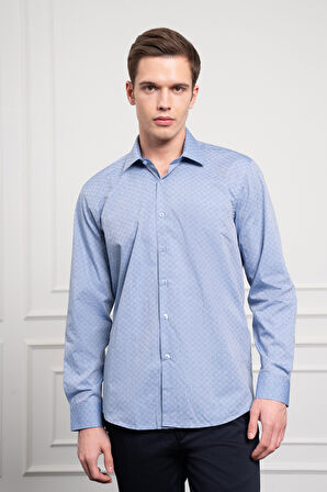  Erkek Mavi Pamuk Trend Regular Fit Sert Yaka Gömlek