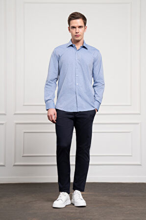  Erkek Mavi Pamuk Trend Regular Fit Sert Yaka Gömlek