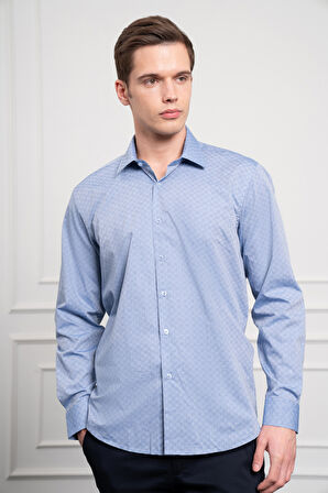  Erkek Mavi Pamuk Trend Regular Fit Sert Yaka Gömlek