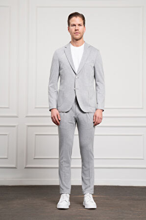  Erkek Gri Poliviskon Trend Örme Çizgili Slim Fit Mono Yaka Takım Elbise