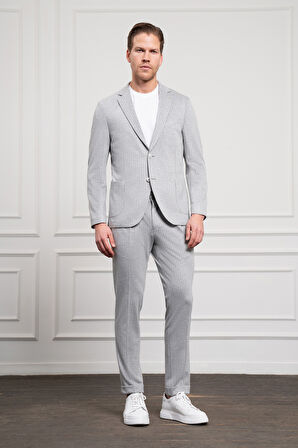  Erkek Gri Poliviskon Trend Örme Çizgili Slim Fit Mono Yaka Takım Elbise