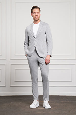  Erkek Gri Poliviskon Trend Örme Çizgili Slim Fit Mono Yaka Takım Elbise