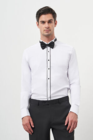  Erkek Siyah Biyeli Slim Fit Ata Yaka Gömlek