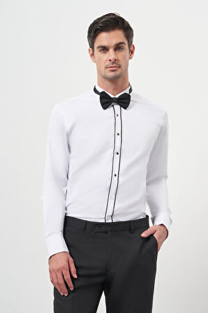  Erkek Siyah Biyeli Slim Fit Ata Yaka Gömlek