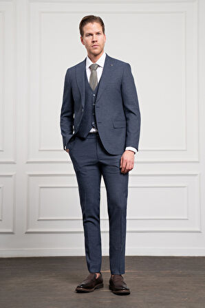  Erkek Lacivert Poliviskon Trend Yelekli Desenli Slim Fit Sivri Yaka Takım Elbise