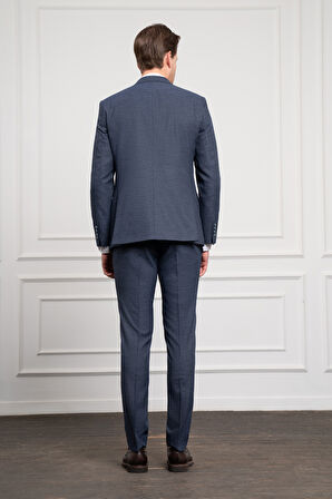  Erkek Lacivert Poliviskon Trend Yelekli Desenli Slim Fit Sivri Yaka Takım Elbise