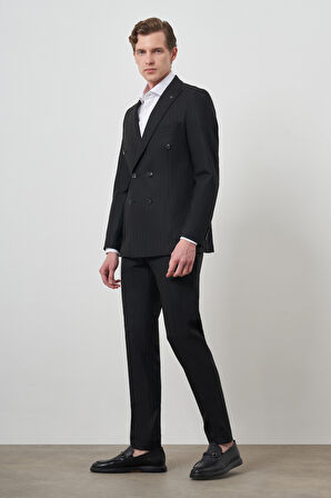  Erkek Siyah Trend Kruvaze Slim Fit Takım Elbise