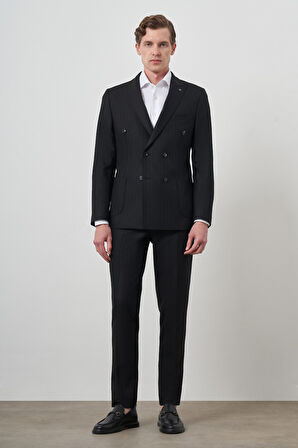  Erkek Siyah Trend Kruvaze Slim Fit Takım Elbise
