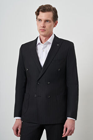  Erkek Siyah Trend Kruvaze Slim Fit Takım Elbise