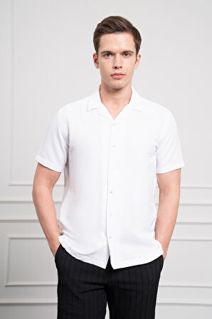  Erkek Beyaz Apaş Yaka Kısa Kol Gömlek