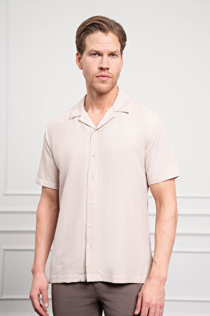  Erkek Bej Apaş Yaka Kısa Kol Gömlek
