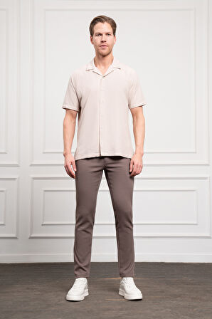  Erkek Bej Apaş Yaka Kısa Kol Gömlek