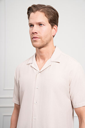  Erkek Bej Apaş Yaka Kısa Kol Gömlek