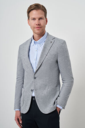  Erkek Lacivert Keten Dokuma Slim Fit Mono Yaka Ceket