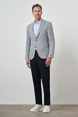  Erkek Lacivert Keten Dokuma Slim Fit Mono Yaka Ceket