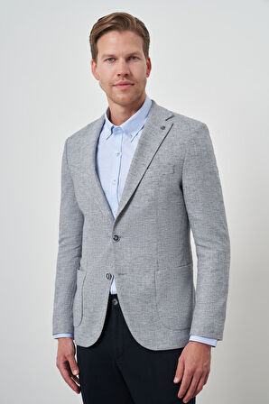  Erkek Lacivert Keten Dokuma Slim Fit Mono Yaka Ceket