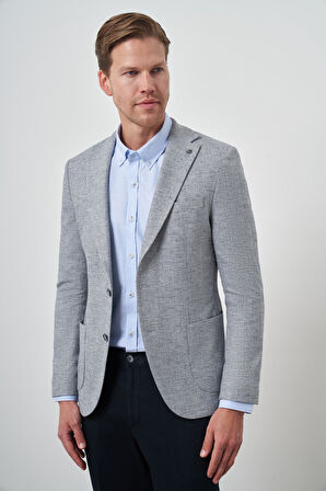  Erkek Lacivert Keten Dokuma Slim Fit Mono Yaka Ceket