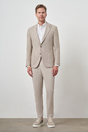  Erkek KAHVE Keten Dokuma Slim Fit Mono Yaka Ceket