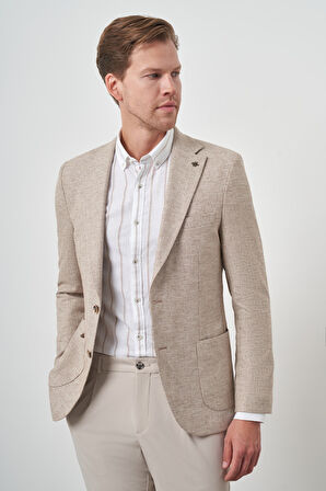  Erkek KAHVE Keten Dokuma Slim Fit Mono Yaka Ceket