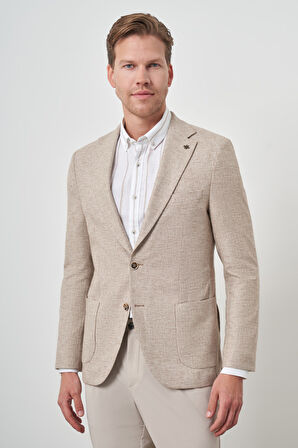  Erkek KAHVE Keten Dokuma Slim Fit Mono Yaka Ceket
